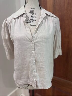 sundays Cream Linen Button-Down Puff Sleeve Shirt